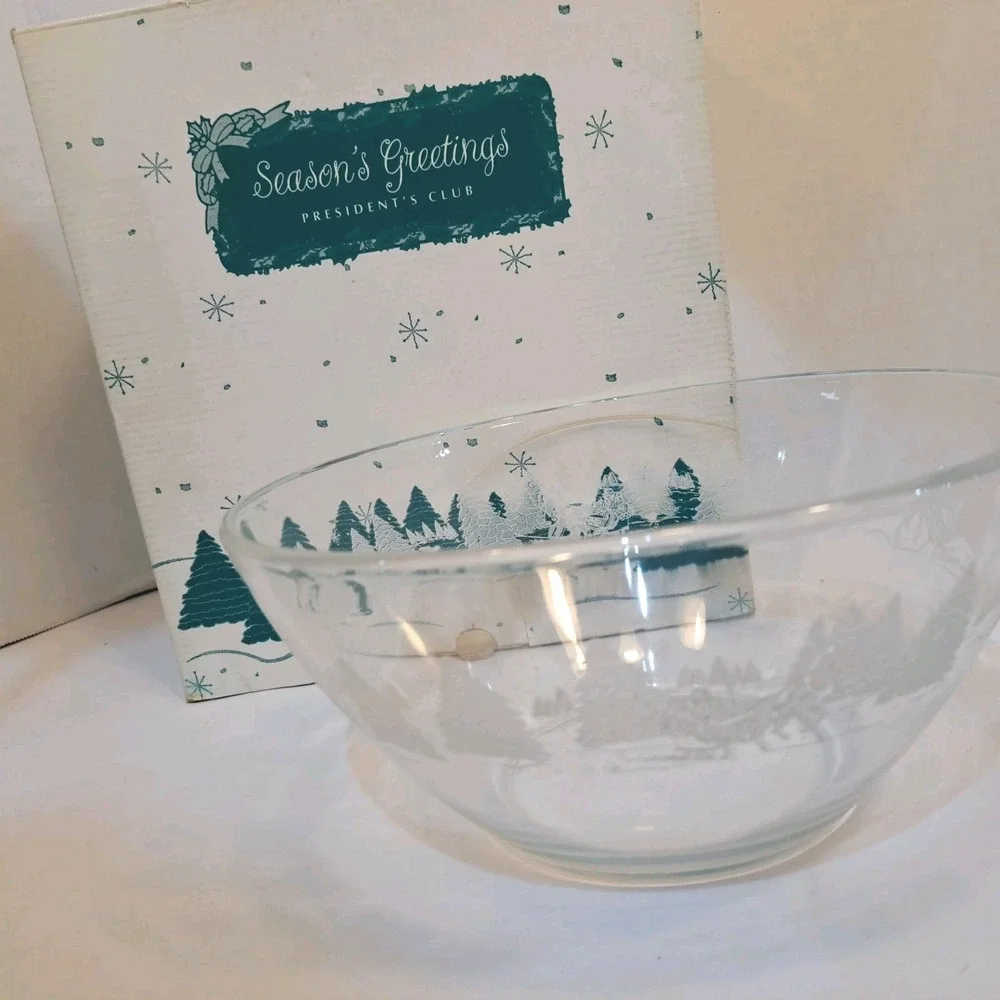 Vintage AVON Presidents Club Glass Holiday Bowl With Box- Sleigh and Tree Design